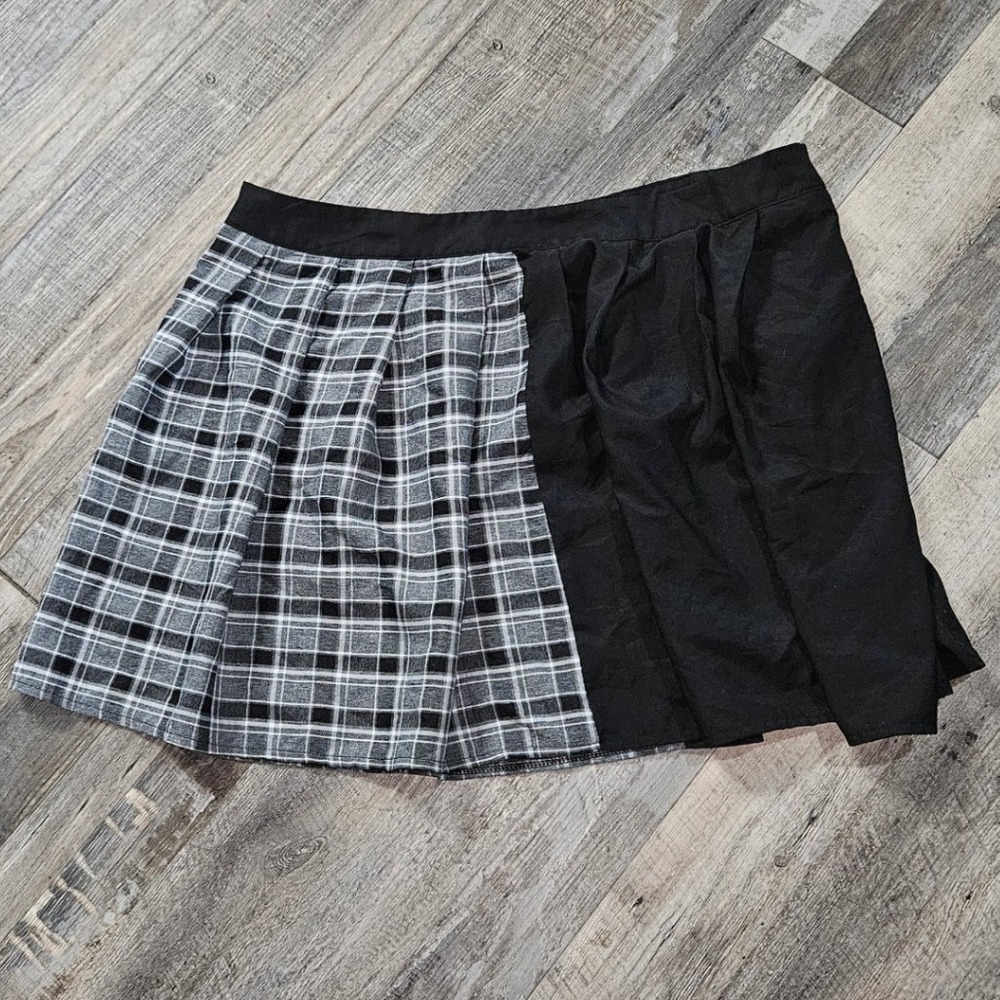 Plaid Skirt Black Mini Skirt Pleated Half and Half Asymmetrical